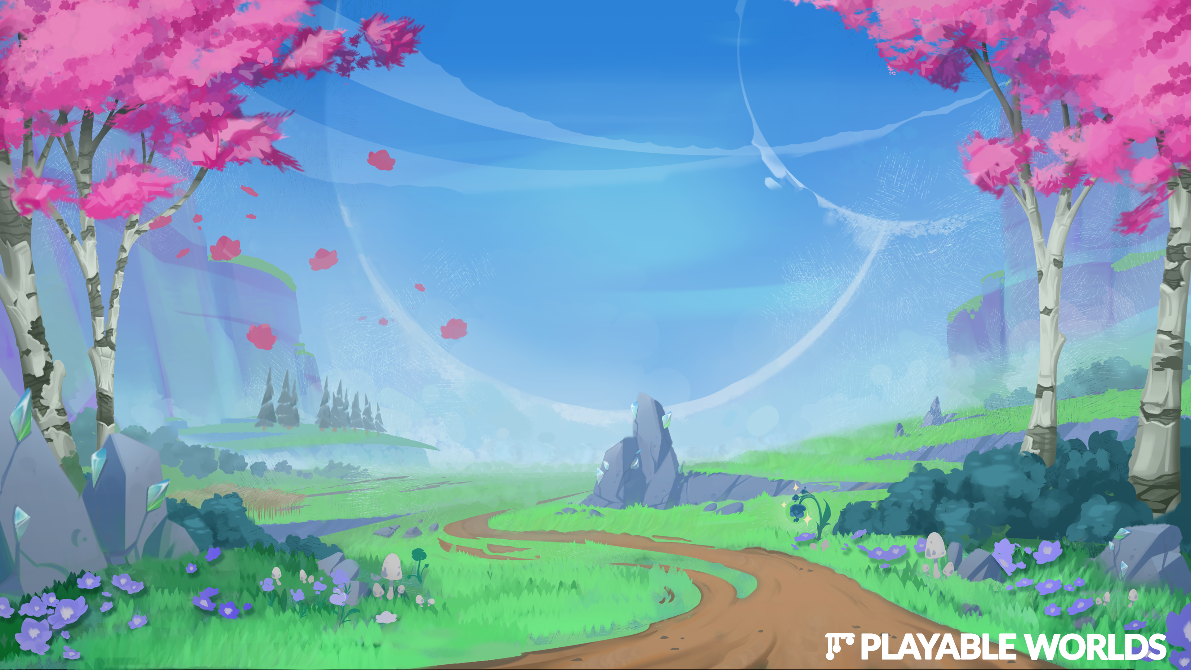A colorful landscape filled with pink and green trees, purple flowers, and rocks full of shiny gems.